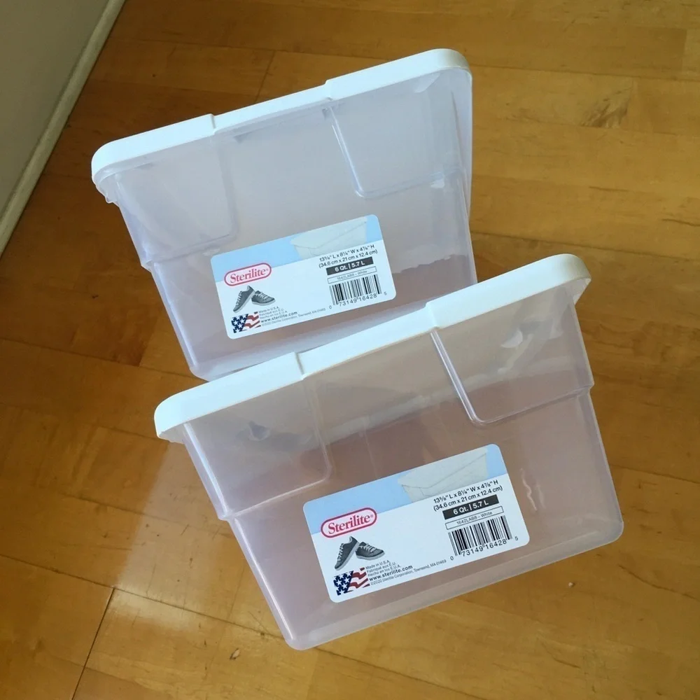 Set/2 Sterilite Shoe Boxes for Storage, Inventory, Crafts, Clear, White, NEW